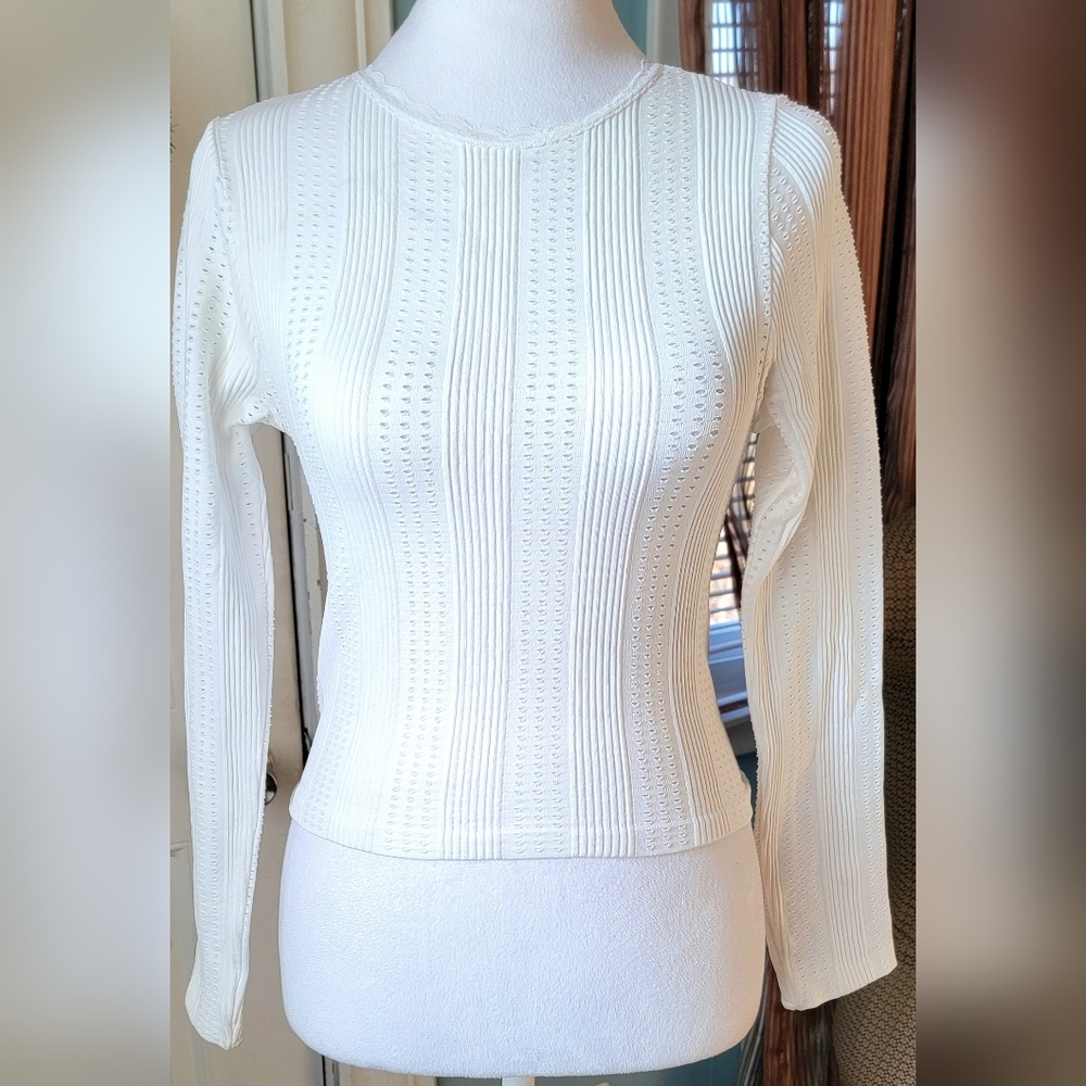 Social Revival Cropped Long Sleeve Top Womens S/M Eggshell Ribbed Stretchy Lace